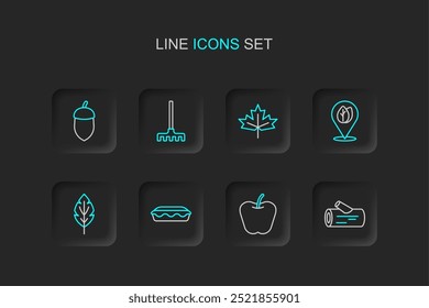 Set line Wooden log, Apple, Homemade pie, Leaf, Location with leaf, Canadian maple, Garden rake and Acorn icon. Vector