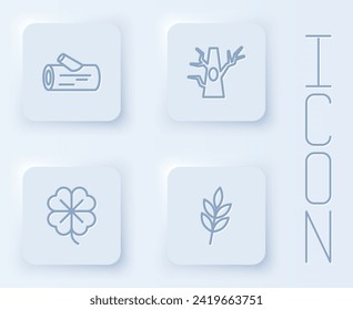 Set line Wooden log, Bare tree, Four leaf clover and Leaf. White square button. Vector