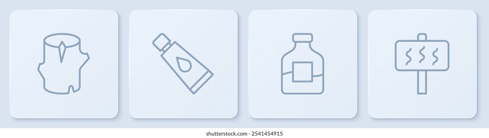 Set line Wooden log, Bottle of vodka, Cream or lotion cosmetic tube and Sauna. White square button. Vector
