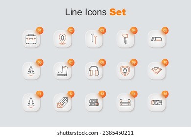 Set line Wooden log, box, beam, Tree, Shield with tree and Headphones icon. Vector