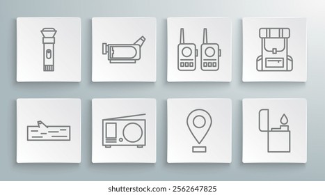 Set line Wooden log, Cinema camera, Radio with antenna, Location, Lighter, Walkie talkie, Hiking backpack and Flashlight icon. Vector