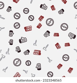 Set line Wooden log, Circular saw blade, axe and  on seamless pattern. Vector