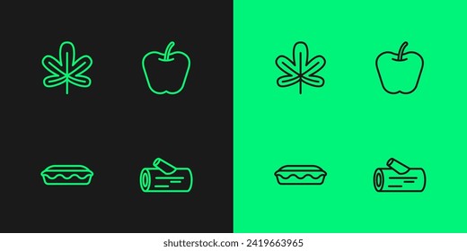 Set line Wooden log, Homemade pie, Chestnut leaf and Apple icon. Vector
