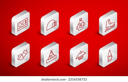Set line Wooden log, Igloo ice house, Maple syrup, Skates, Christmas sweater, Canadian dollar, Indian teepee or wigwam and Acorn icon. Vector