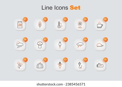 Set line Wooden log, Kite, Corn, Pumpkin, Mushroom, Hedgehog, Cloud and lightning and Opium poppy icon. Vector