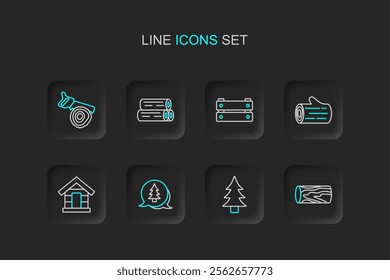 Set line Wooden log, Tree, Dog house, box,  and Hand saw and icon. Vector