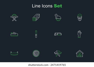 Set line Wooden logs, axe, Tree rings, Two-handed saw, Protective gloves, Hacksaw, Chisel tool and plane icon. Vector