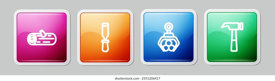 Set line Wooden logs, Chisel tool, Grapple crane grabbed a and Hammer. Colorful square button. Vector