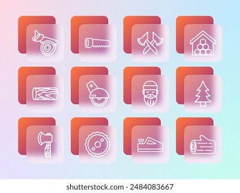 Set line Wooden logs, Circular saw blade, Lumberjack, plane tool, Electric circular, axe, Hand and and  icon. Vector