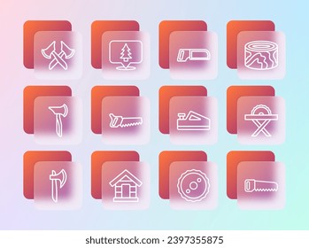 Set line Wooden logs, Dog house, plane tool, Circular saw blade, Hand, Hacksaw, axe and Location of the forest icon. Vector