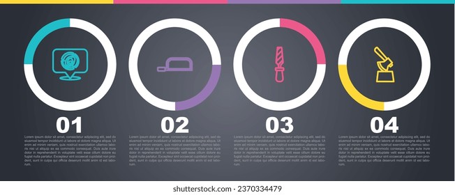 Set line Wooden logs, Hacksaw, Rasp metal file and axe in stump. Business infographic template. Vector