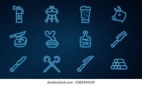 Set line Wooden logs, Meat chopper, Glass of beer, Homemade pie, Steak meat and knife, Fire extinguisher, Cutting board and Barbecue grill icon. Vector