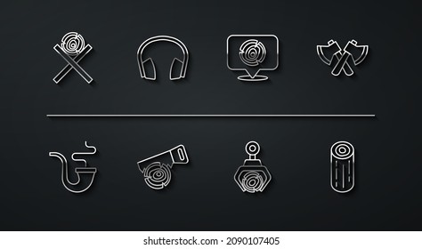 Set line Wooden logs on a stand, Smoking pipe, axe, Grapple crane grabbed, Hand saw, Headphones,  and  icon. Vector