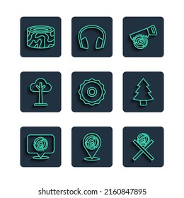 Set line Wooden logs, on a stand, Hand saw, Circular blade, Tree, stump and Christmas tree icon. Vector