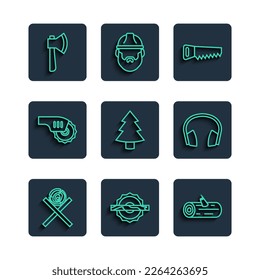 Set line Wooden logs on a stand, Electric circular saw, Hand, Christmas tree, axe and Headphones icon. Vector