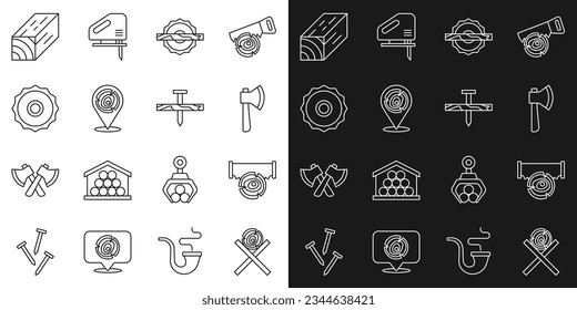 Set line Wooden logs on a stand, Two-handed saw, axe, Electric circular, Circular blade, beam and Metallic nail icon. Vector