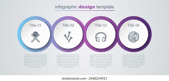 Set line Wooden logs on a stand, Metallic nails, Headphones and . Business infographic template. Vector