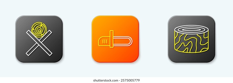 Set line Wooden logs on a stand, Chainsaw and Tree stump icon. Vector