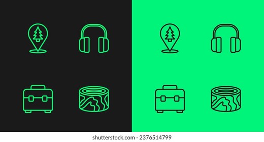 Establecer línea Blogs de madera, Cuadro de herramientas, Ubicación del bosque e icono Auriculares. Vector