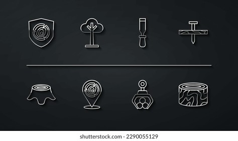 Set line Wooden logs, Tree stump, Metallic nail, Grapple crane grabbed,  and Chisel tool icon. Vector