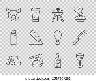 Set line Wooden logs, Wine glass, Barbecue grill, Steak meat and knife, Pig, Ketchup bottle, Tabasco sauce and Meat chopper icon. Vector