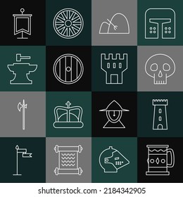 Set line Wooden mug, Castle tower, Skull, Bale of hay and rake, Round wooden shield, Anvil for blacksmithing hammer, Medieval flag and  icon. Vector