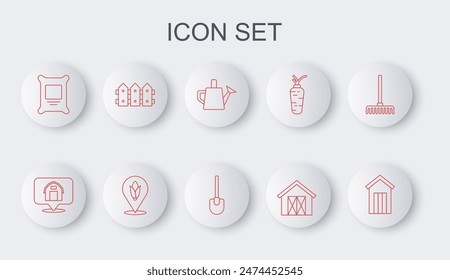 Set line Wooden outdoor toilet, Location farm house, Watering can, Farm, Fertilizer bag, Garden fence wooden, corn and Shovel icon. Vector