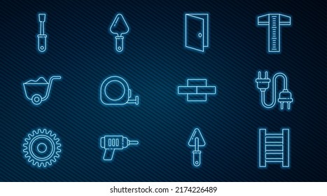 Set line Wooden staircase, Electric plug, Closed door, Roulette construction, Shovel, Screwdriver, Bricks and Trowel icon. Vector