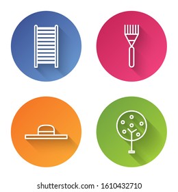 Set line Wooden staircase, Garden rake, Worker hat and Tree. Color circle button. Vector