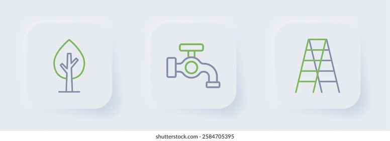 Set line Wooden staircase, Water tap and Tree icon. Vector
