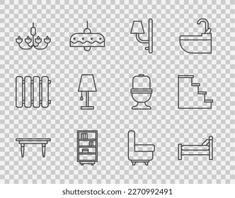 Set line Wooden table, Bed, Wall sconce, Library bookshelf, Chandelier, Table lamp, Armchair and Staircase icon. Vector