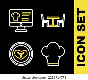 Set line Wooden table with chair, Chef hat, Steak meat on plate and Online ordering and delivery icon. Vector