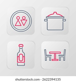 Set line Wooden table with chair, Wine bottle, Cooking pot and Toilet icon. Vector