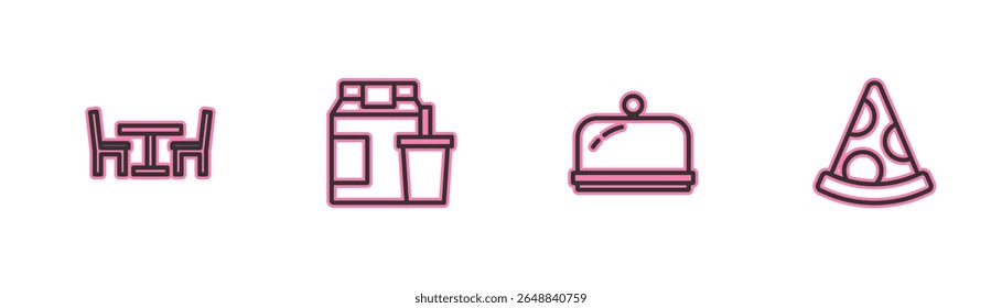 Set line Wooden table with chair, Covered tray, Online ordering and delivery and Slice of pizza icon. Vector