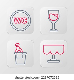 Set line Wooden table, Champagne in an ice bucket, Wine glass and Toilet icon. Vector