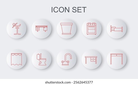 Set line Wooden table, Curtains, Flower pot, Office desk, Coat stand, Toilet bowl and Water tap icon. Vector