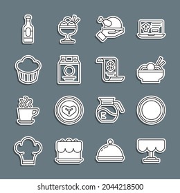 Set line Wooden table, Plate, Asian noodles in bowl, Roasted turkey or chicken, Online ordering and delivery, Cupcake, Wine bottle and Paper financial check icon. Vector