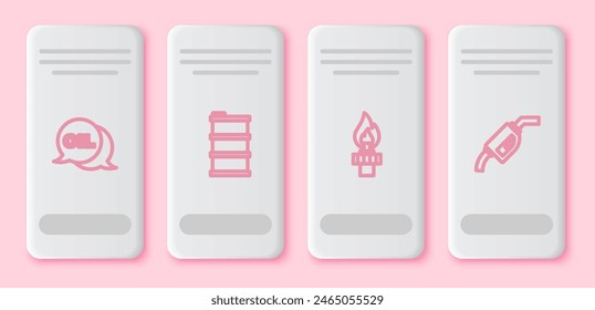 Set line Word oil, Barrel, Oil rig with fire and Gasoline pump nozzle. White rectangle button. Vector