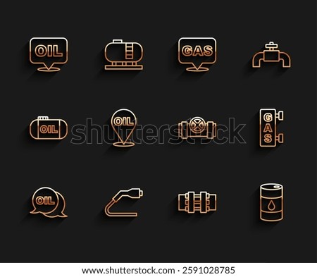 Set line Word oil, Electrical cable plug charging, Metallic pipes and valve, Barrel, Refill petrol fuel location, Gas filling station and  icon. Vector