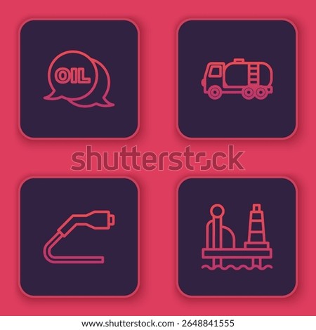 Set line Word oil, Electrical cable plug charging, Tanker truck and Oil platform the sea. Blue square button. Vector