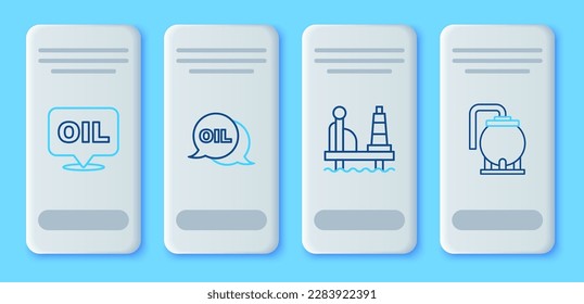 Set line Word oil, Oil platform in the sea,  and tank storage icon. Vector