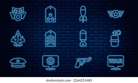 Línea La palabra guerra, granada de mano, lanzacohetes, chevron, Jet fighter, Gas mask e icono de rango militar. Vector