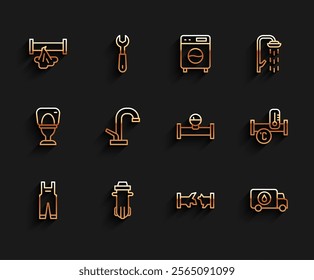 Set line Work overalls, Water filter, Broken pipe, Plumber service car, tap, Industry metallic and and manometer icon. Vector