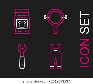 Set line Work overalls, Wrench spanner, Filter wrench and Laundry detergent icon. Vector