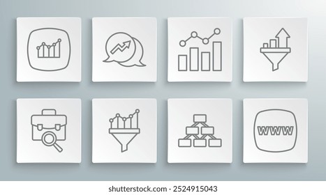 Definir línea Búsqueda de trabajo, Crecimiento financiero, Embudo de ventas con gráfico, Organograma de jerarquía, Plantilla de Sitio web e ícono. Vector