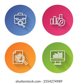 Set line Work search, Financial growth, Document with graph chart and Monitor. Color circle button. Vector