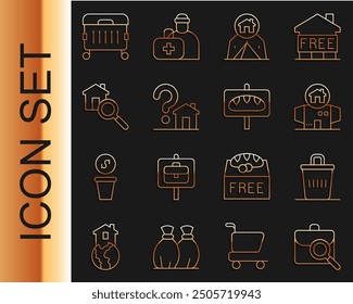 Set line Work search, Trash can, Homeless cardboard house, Tourist tent, House with question mark, Search,  and Donation food icon. Vector