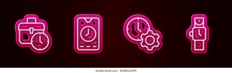 Set line Work time, Alarm clock app mobile, Time management and Wrist watch. Glowing neon icon. Vector