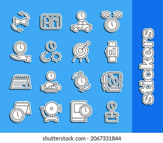 Set line Work time, Daily paper notepad, Smartwatch, Time to travel, Day and night with, Clock, Old hourglass sand and Target sport icon. Vector