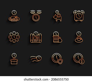 Set line Work time, Time flies on the clock, Food, Clock with shield, is money, Project plan, Coffee and Waste icon. Vector